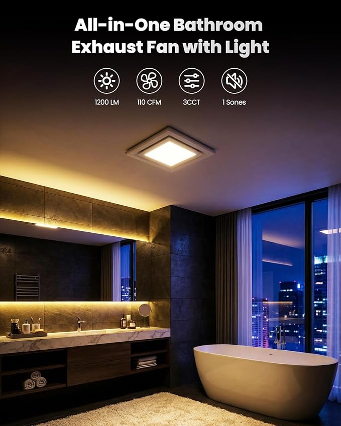 Bathroom Exhaust Fan with Light, 110 CFM 1.0 Sone Quiet Ceiling Mount Exhaust Fan, High CRI 97 3CCT LED Bathroom Ventilation Fan, LED Exhaust Vent Fan for Shower Bathroom Office Home, 4" Duct Included - Image 9