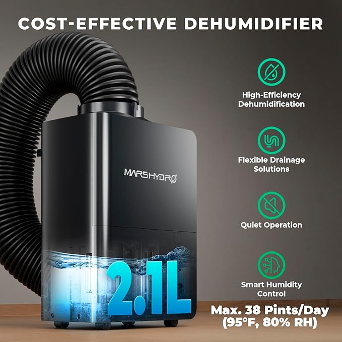 MARS HYDRO 18L/Day (40 Pint) Smart Compressor Dehumidifier, with Digital Humidity Control Display, Air Duct, Drain Hose & Washable Filter, Powerful Dehumidification for Grow Tent and Home - Image 2
