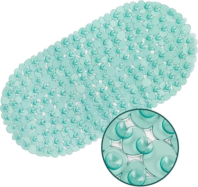 WELTRXE Pebbles Bathtub and Shower Mat Non Slip, Oval Bath Mats for Bathroom Tub Washable with Suction Cups, Drain Holes, BPA Free, 27 x 14 Inch, Dark Green by WELTRXE