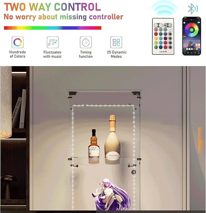 Yoluckea 4-Tier Glass Display Cabinet with Bluetooth LED Light Strip, 1-Door Floor Standing Curio Cabinet with Universal Wheel for Home Office Display, Black Glass Bookshelf for Collections, Clear Top - Image 4