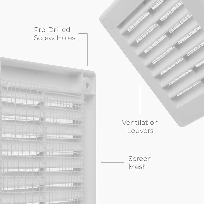 5-Pack 4" x 4" (Outer Size) Square Air Vent Cover – White Plastic Vent Deflector - Screen Mesh, Surface Mount Wall Ceiling – Cold Air Return Soffit Air Vent Cover - Register Indoor Outdoor - Image 7
