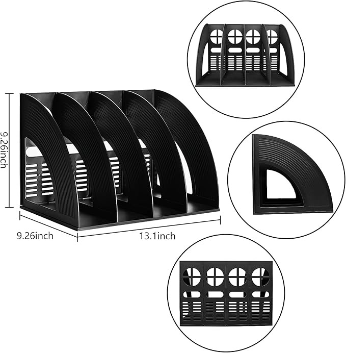 Marte Vanci Magazine File Holder Vertical PP Folder Book Desktop Organizer Plastic Storage Sturdy Vertical 4 Section Folder Black - Image 2