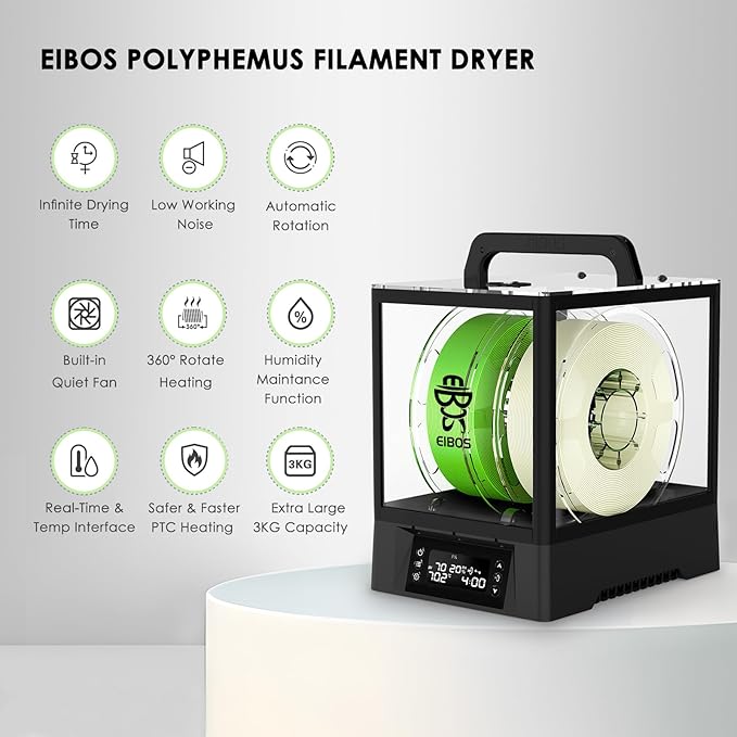 【EIBOS Upgraded 2026】 3D Printer Filament Dryer Box Polyphemus with Fan, Spool Dry Box with Auto-Rotation, Auto-Humidity Hold, Large Space for 3KG Spools, for Nylon, PLA, TPU, 360° Heating, Up to 80℃ - Image 2