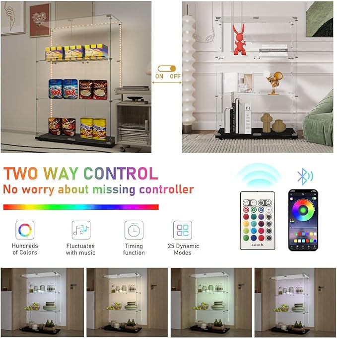 Yoluckea 3 Tiers Glass Display Cabinet with Bluetooth LED Light Strip, 2 Doors Floor Standing Curio Cabinet with Universal Wheel for Home, Black Glass Bookshelf for Collections, Clear Top - Image 3