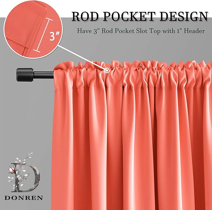 DONREN 90 Inch Length Blackout Curtains Rod Pocket Curtain Panels - Thermal Insulated Curtains for Living Room (52 W x 90 Inches Long,Coral,2 Panels) - Image 4