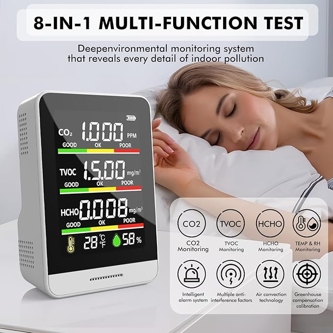 Air Quality Monitor Indoor,8-in-1 Smart Air Quality Tester with CO2, TVOC, HCHO, AQI, Temperature & Humidity, Real Time Display, Battery Powered, for Home & Office (White) - Image 5