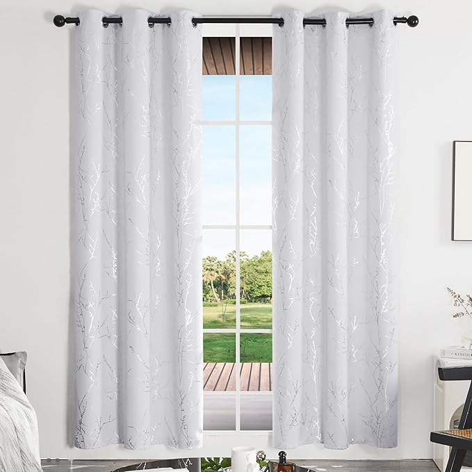 Deconovo Greyish White Curtains, Room Darkening Curtain, Thermal Insulated Soundproof Drapes, Silver Branch Print, 42 x 84 Inch Long, Grommet Window Panels for Living Room Bedroom Nursery, Set of 2 - Image 2