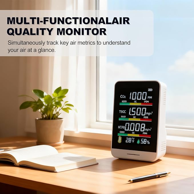 8-in-1 Air Quality Monitor | with Real-Time Temp, Humidity & Clock Display | Portable CO2, HCHO, TVOC, AQI Detector for Home, Office, Car - Image 2