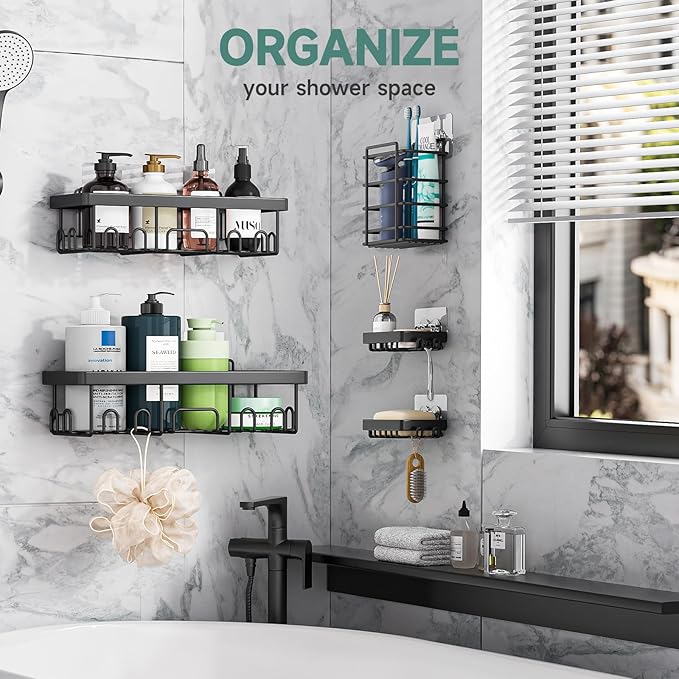 Veken 5-Pack Rustproof & Waterproof Shower Caddy 5-Pack, No Drilling Adhesive Corner Shower Shelves, Rack For Inside Shower, Large Bathroom Organizer Storage Accessories, Ideal for Home&Kitchen, Black - Image 7