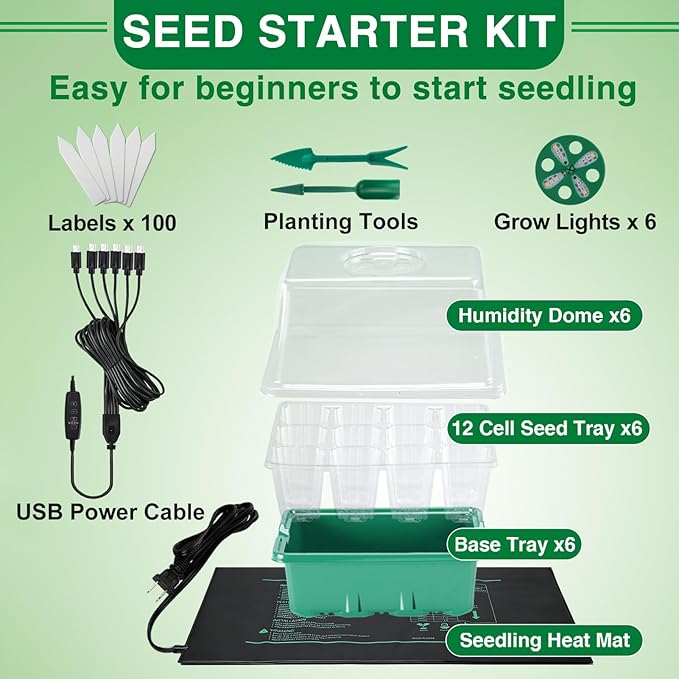 Apipi Seed Starter Tray with Grow Light & Heat Mat- 6 Pack 72 Cell Durable Easy Use Seed Starter Kit for New Gardener, Rapid Seedling Germination Kit with Humidity Domes for Plant Growing Propagation - Image 4