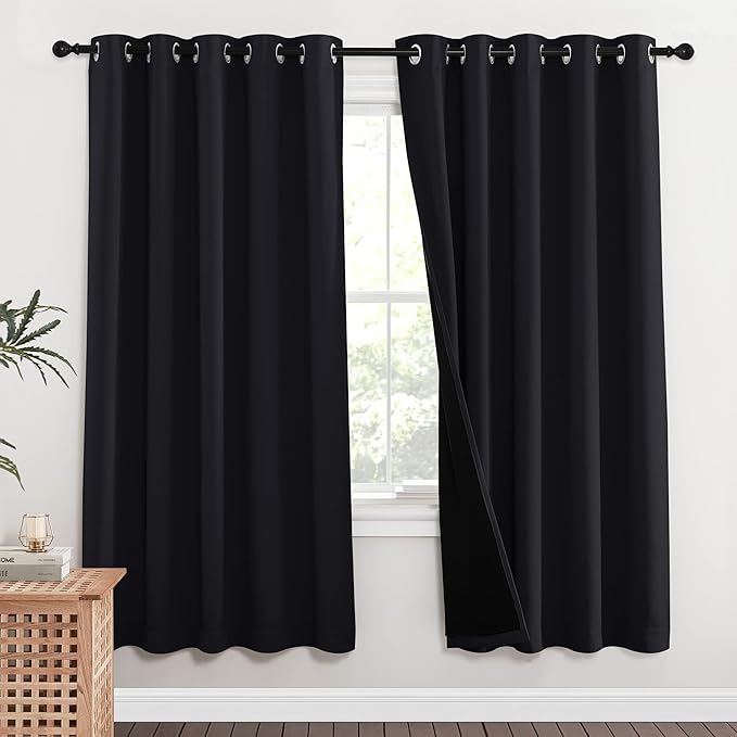 NICETOWN 100% Blackout Window Curtain Panels, Full Light Blocking Drapes with Black Liner for Nursery, 72 inches Drop Thermal Bedroom Drapes and Curtains (Black, 2 Pieces, 62 inches Wide Per Panel) - Image 2