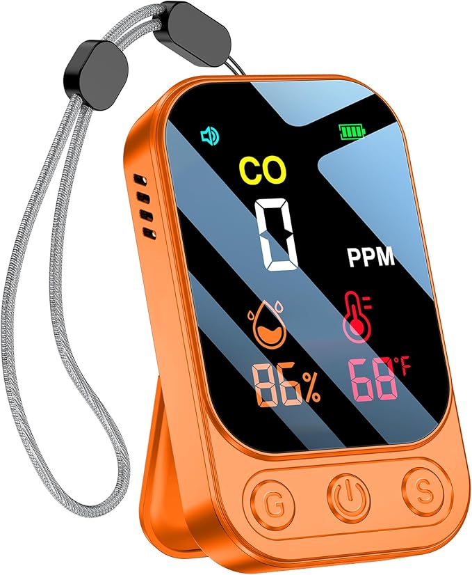 Travel Carbon Monoxide Detectors [3-in-1] Mini Size Portable CO Detector with Kickstand & Lanyard 85 dB Alarm [CO Temp Humidity Sensor] for Indoor Outdoor Camping Travel RV Hotel (New Orange) by HAKINAKU