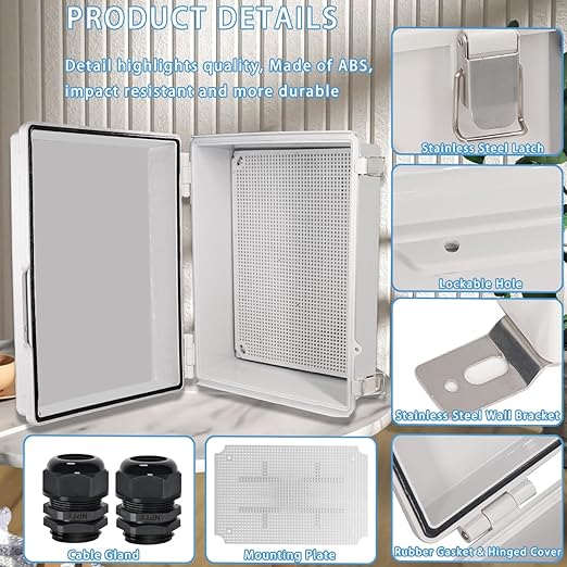 Zulkit Junction Box,IP67 Waterproof Electrical Box Hinged Cover Stainless Steel Buckle Plastic Enclosure for Project w Mounting Plate Wall Bracket and 2 Cable Gland Grey 15"x11"x5.1"/380x280x130mm - Image 4