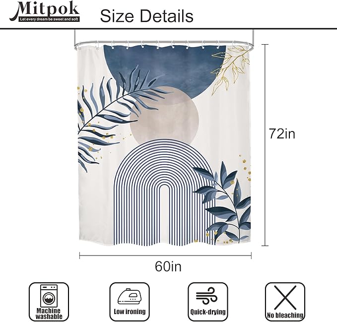Blue Gray Boho Shower Curtain Dusty Blue Gold Leaves Modern Bohemian Abstract Mid Century Minimalist Grey Plant Bathroom Decor Geometric Arch 60Wx72H Bath Curtain Fabric Polyester 12 Pack Hooks - Image 5