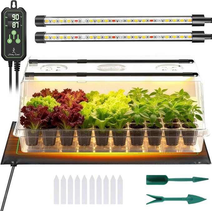 Large Seed Starter Tray with Grow Light and Thermostat Controller Heat Mat, 10"x 20.75" Heat Mats for Plant Growing，68-113°F Adjustable，Color Change Grow Lights，Germination Trays Kits by Adawook