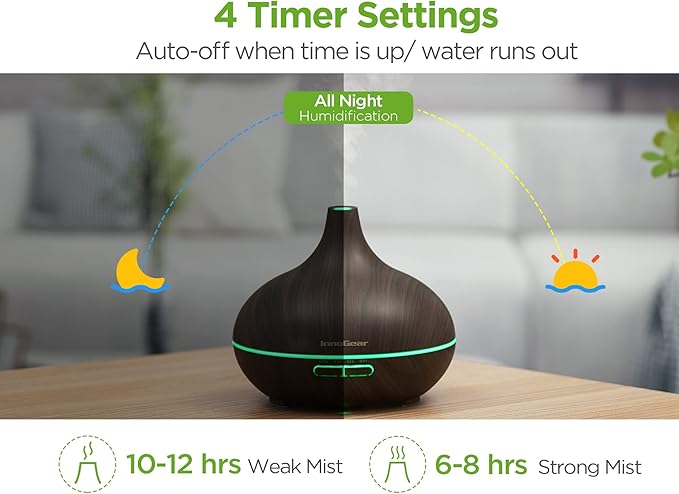 InnoGear Aromatherapy Diffuser & 10 Essential Oils Set, 400ml Diffuser Ultrasonic Diffuser Cool Mist Humidifier with 4 Timers 7 Colors Light Waterless Auto Off for Valentine's Gift, Dark Wood Grain - Image 4