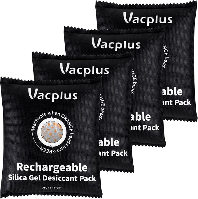 Vacplus 4 Pack 400g Reusable Desiccant Packs for Storage, Large Silica Gel Packets with Indicator Beads, Dehumidifier and Moisture Absorber for Car, Closet, Drawer, 5.8" x 7.1" by Vacplus