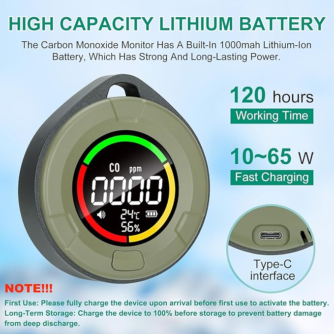 Portable Carbon Monoxide Detector for Travel, Mini 3-in-1 Carbon Monoxide Monitor with Magnetic Suction, RV CO Detector Alarm Temp/Humidity Sensor, Rechargeable CO Monitor 120-140HR Standby - Image 5