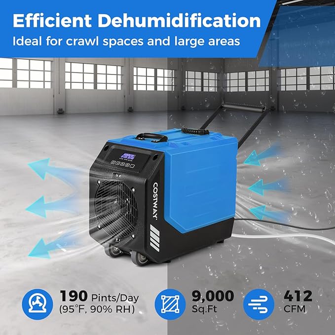 COSTWAY 190 PPD Commercial Dehumidifier with Pump, Rotational Molded Crawl Space Dehumidifier with 26Ft Drain Hose for Water Damage Restoration, Basement (Blue) - Image 3
