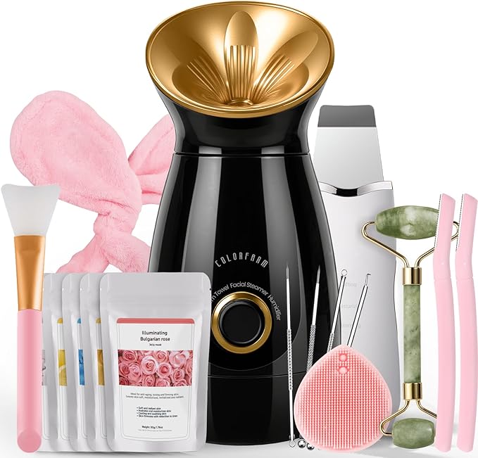 Colorfarm Facial Steamer Nano Ionic: Face Steamer Home Spa Kit Deep Cleaning Unclogs Pores Sinuses Inhaler with 8 Skin Care Tools - Relaxing Self Care Skincare Beauty Gifts for Women (Black Gold) by Colorfarm
