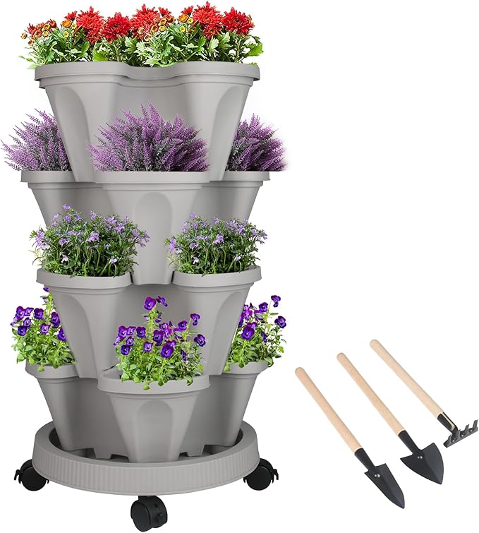 GameXcel Vertical Planter 4 Tier Stackable Planters Garden Planters Strawberry Herb Flower and Vegetable Planter Indoor Outdoor Gardening Pots with Removable Wheels and Tools by GameXcel