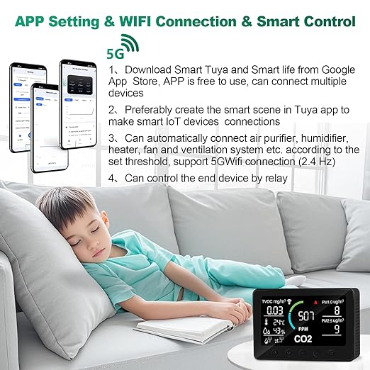 12 in 1 Air Quality Monitor Indoor, with WiFi and APP,Air Quality Tester for Home,Air Quality Meters for CO2,TVOC,PM1.0,PM2.5,AQI,Temperature and Humidity,Detector for Home,Office (Black) - Image 4
