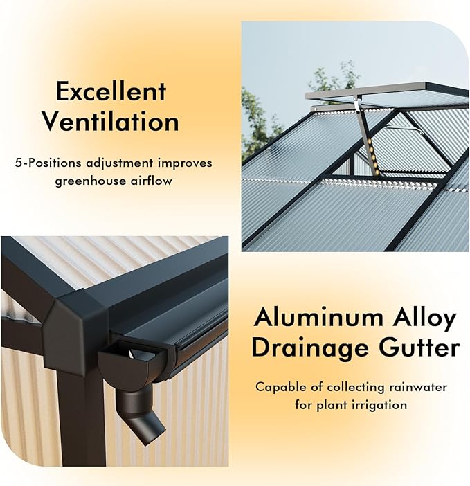8X10FT Green Houses for Outside with Electronic Thermometers, Walk-in Greenhouse Kit with Drainage Channel Roof Vent for Backyard, Greenhouses for Winter Withstands Strong Wind or Snow - Image 5