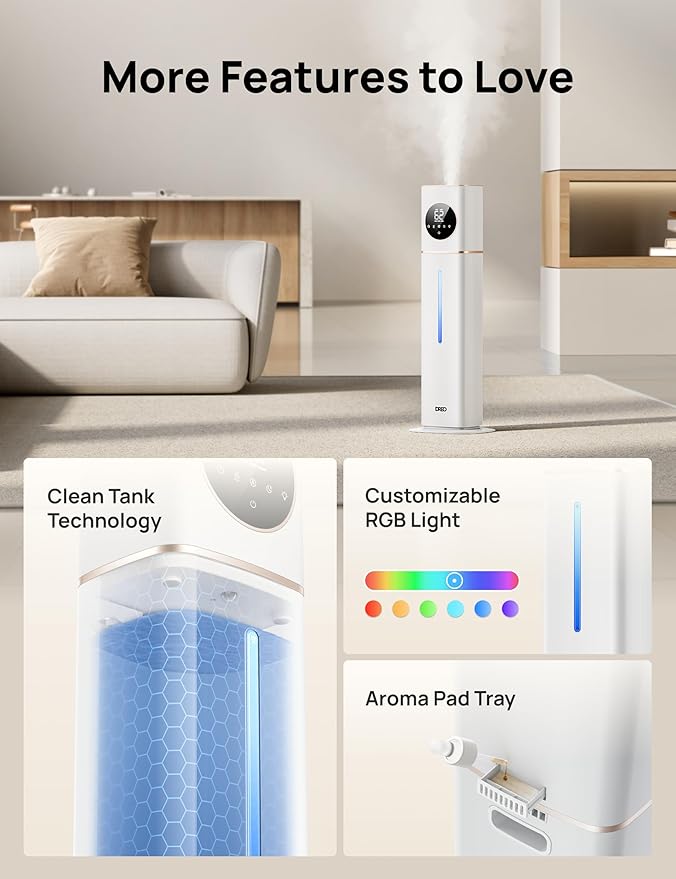 DREO HM735S 11L Smart Humidifier Large Room 700 ft², 100H Cool Mist Air Humidifiers for Bedroom, Top-Fill, Clean Tank Technology, 26dB, Auto Mode, Aroma Box, RGB, Remote & APP Control, Baby, White - Image 7