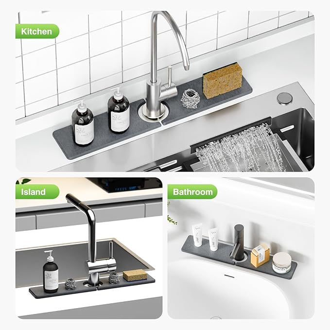 20" x 4" Stone Faucet Mat for Kitchen Sink, Quick Drying Diatomite Sink Tray, Faucet Sink Splash Guard for Prevents Moisture Buildup (Dark Gray) - Image 8