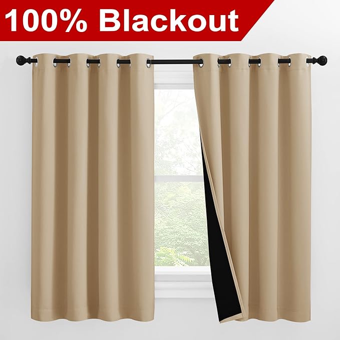 NICETOWN Cold Reducing Curtains, Bedroom Full Blackout Curtain Panels, Great Job for Blocking Light, Complete Blackout Draperies with Black Liner for Night Shift (Biscotti Beige, Set of 2, 55 by 57) - Image 2