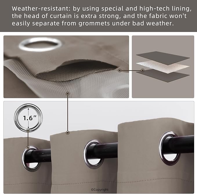 Waterproof Outdoor Curtain W52 x L84 - Grommet Top Sunlight Blocking Window Treatment Drapes Blackout Curtains for Home Bedroom Living Room Outdoor Patio Porch Pergola (Taupe, 2 Panels) - Image 3
