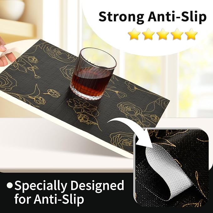 Shelf Liners for Kitchen Cabinets 17.5in x 20FT Non Adhesive Drawer Liner Black Floral Thickened Shelf Liner Paper Strong Non-Slip Easy to Clean for Tool Box Refrigerator with Knife and Tape Measure - Image 2