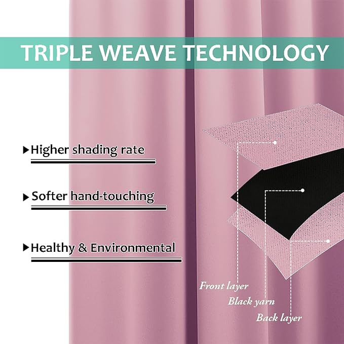 NICETOWN 100% Blackout Short Curtains with Black Liners, 2 Panels, 37" W by 60" L, Crystal Pink, Thermal Insulated Full Blackout 2-Layer Lined Drapes, Energy Efficiency Window Draperies for Bedroom - Image 6