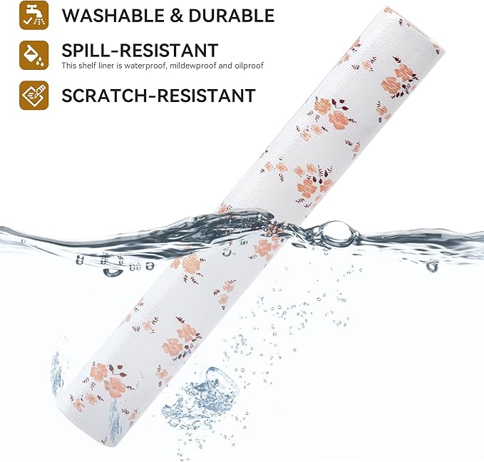 RAY STAR Shelf Liner, Non Adhesive Pink Orange Floral Printed Kitchen Cabinet Liner for Pantry Drawer Vanity, Strong Grip Non Slip, Shelf Liners for Kitchen Cabinets Cupboard 18 Inch x 8 FT (4 Rolls) - Image 2