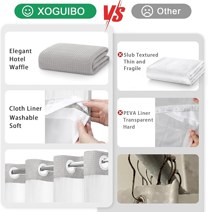 No Hook Shower Curtain and Liner Set,Light Grey Hotel Waffle Shower Curtain with Liner 75" L x 72" W - Image 5