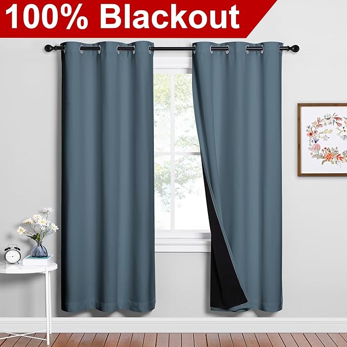 NICETOWN 100% Blackout Window Curtain Panels, Smoky Blue, 2 Pieces, 42-inch Wide Per Panel, Full Light Blocking Drapes with Black Liner for Nursery, 72-inch Drop Thermal Insulated Draperies - Image 2