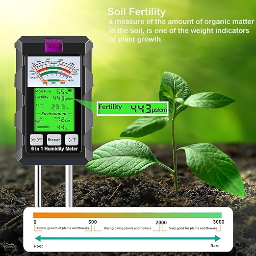 6-in-1 Soil Moisture Meter, Hygrometer for Plants with Soil Moisture, PH Meter, Temperature, Sunlight, Fertility, Environmental for Farming, Gardening (2*AAA Battery Needed) - Image 6