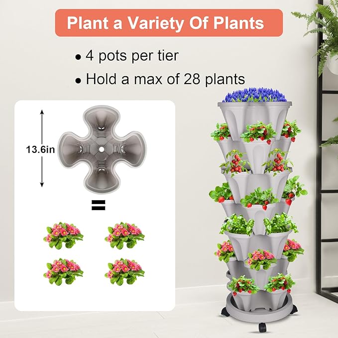 DUNCHATY Stackable Vertical Garden Planter, 7 Tier Herb Planter Pots, Indoor/Outdoor, Gray - Image 4