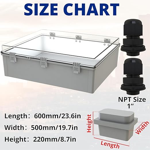 MAKERELE Extra Large Outdoor Electrical Box Waterproof IP67 large Junction Box 2 NPT 1”Glands and Adjustable Clamp*2 Hinged Cover Waterproof Clear Box (23.6"*19.7"*8.7") - Image 2