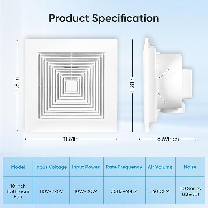 10 Inch Bathroom Exhaust Fan, 160 CFM 1.0 Sones Square Ultra Quiet Bathroom Vent Fan for Ceiling Mount, 110V-220V Bath Vent Extractor for 10.03" Ceiling Opening - Image 2