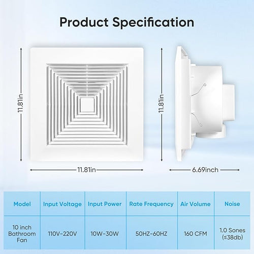 10 Inch Bathroom Exhaust Fan, 160 CFM 1.0 Sones Square Ultra Quiet Bathroom Vent Fan for Ceiling Mount, 110V-220V Bath Vent Extractor for 10.03" Ceiling Opening - Image 2