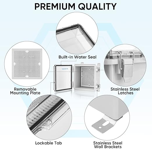 TICONN Waterproof Electrical Junction Box IP67 ABS Plastic Enclosure with Hinged Cover with Mounting Plate, Wall Brackets, Cable Glands (Clear, 5.9"x5.9"x3.5") - Image 4