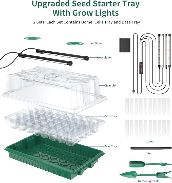 Seed Starter Tray, 80-Cells Seedling Starter Trays with Grow Light and Humidity Dome, Reusable Seed Germination Kit for Indoor Gardening Seed Starting (2 Pack, Green Base) - Image 7