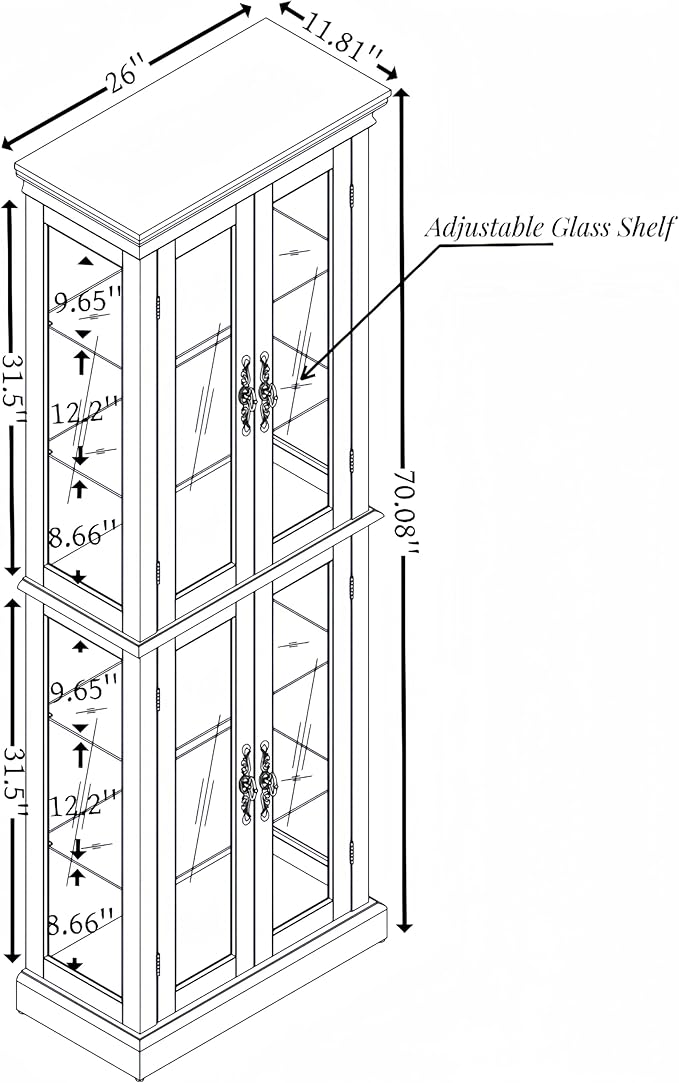Lighted Glass Curio Cabinet with Lights & Adjustable Shelves,Curio Display Cabinet with Wood Frame,Corner Cabinet for Kitchen,Living Room,Office - Image 2