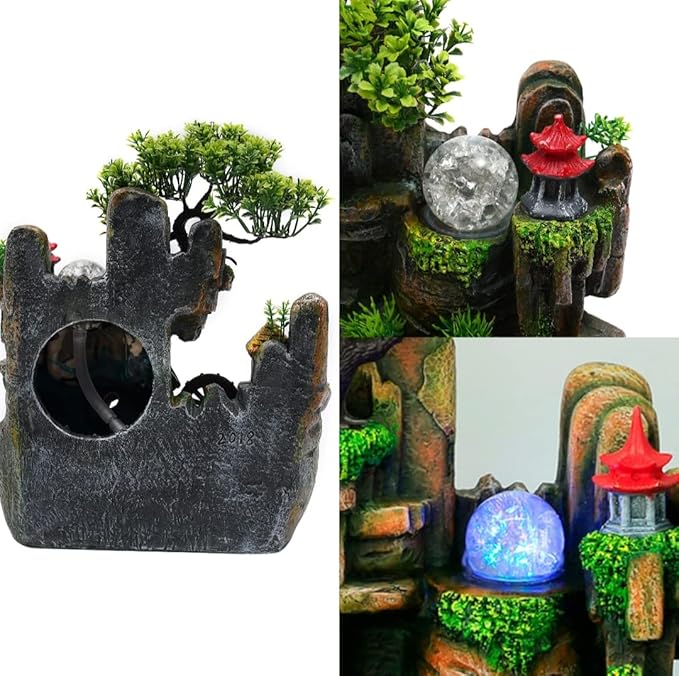 15" LED Desktop Fountain Waterfall Decor, Atomizing Desktop Humidifier w/LED Lights & Atomizer for Office Home Desk Decoration Gift Zen Meditation Resin Rockery Water Fountain Bonsai Bedroom Relax - Image 5