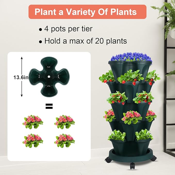 DUNCHATY Stackable Planter, Vertical Garden Planter with Wheels and Tools, Strawberry Indoor/Outdoor 5 Tier Tower Herb for Growing Vegetables Succulents, Dark Green, 2 Pack - Image 2