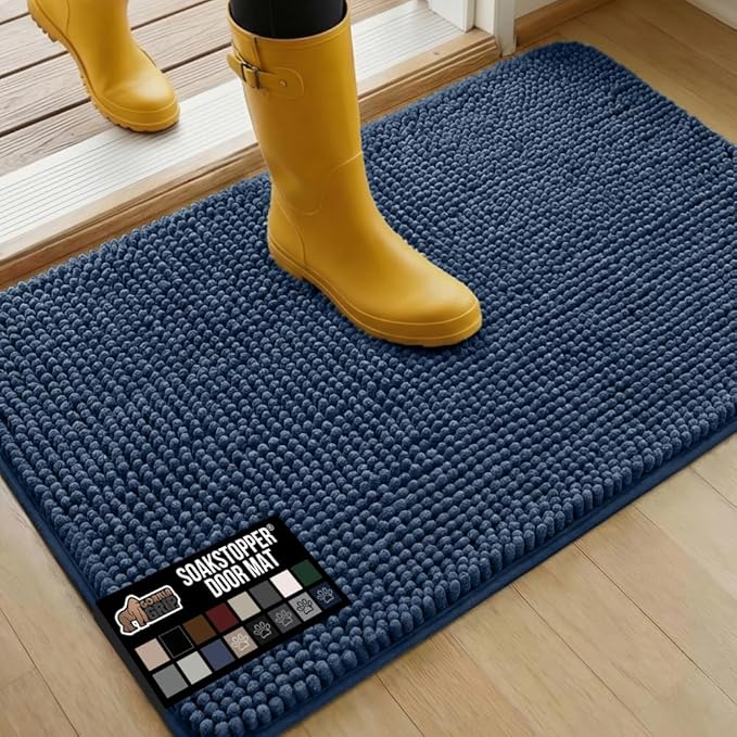 GORILLA GRIP SOAKSTOPPER Dog Door Mat, 36x24 Machine Washable Rug Absorbent Doormat Captures Moisture Mud Dirt, Quick Dry Soft Chenille Entryway Rugs Indoor Entrance Mats for Dog Paws, Navy Blue by GorillaGrip