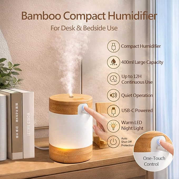 Bamboo Ultrasonic Mini Humidifier, 400ml Quiet Desktop Humidifier with Dual LED Night Light, USB-C Powered, Auto Shut-Off, Portable Small Room Air Moisturizer for Bedroom, Desk, Office & Travel - Image 7