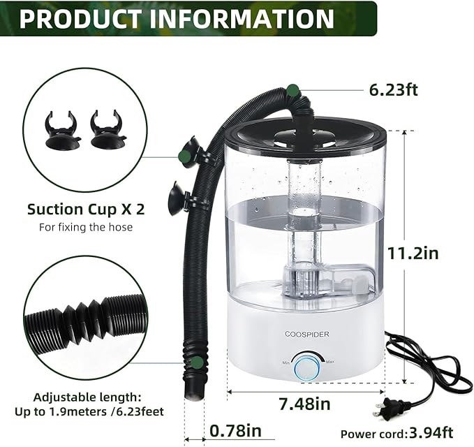 Coospider 4.2L Top Fill Reptile Humidifier, Fogger Mister for Reptiles Tank, Terrariums Humidifiers with Extended Hose/Tube, Reptile Misting System for Reptiles Amphibians Herps Vivarium - Image 7