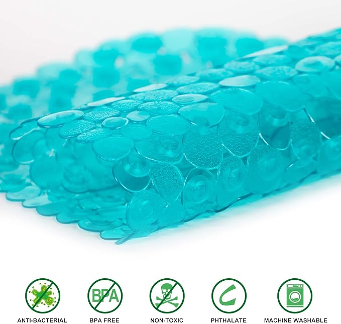 WELTRXE Pebbles Bath Mat Oval Non-Slip Bathtub Mat with Suction Cups, Drain Holes for Bathroom Showers, Tub, Machine Washable, BPA, Latex Free Safe Shower Mats, 27 x 14 Inch, Teal - Image 2